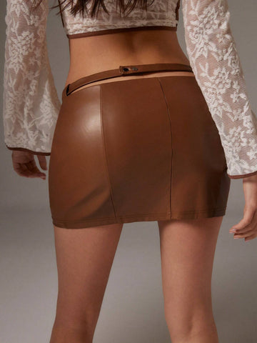 SURIMA Women Brown Leather Waist Tie Diamond Decor Fitted Mini Skirt