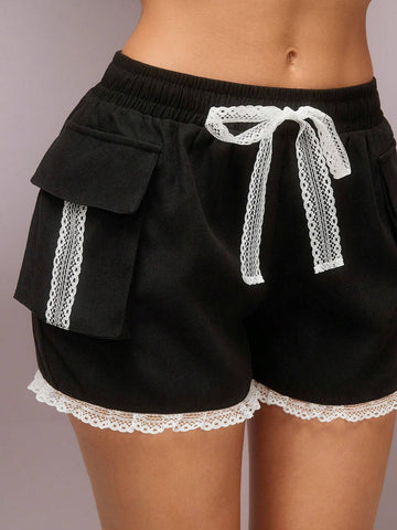 SURIMA Women Lace Patchwork Floral Tie Front Shorts Casual Vacation