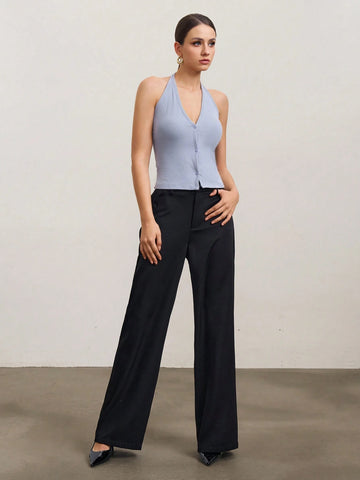 SURIMA Women Plain Minimalist Straight-Leg Casual Pants