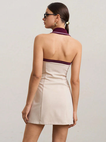 SURIMA Women's Sleeveless Contrast Color Patchwork Pocket Casual Short Dress