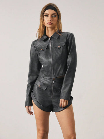 SURIMA Women's Zipper Front PU Leather Ruffle Hem Loose Shorts, Fashion