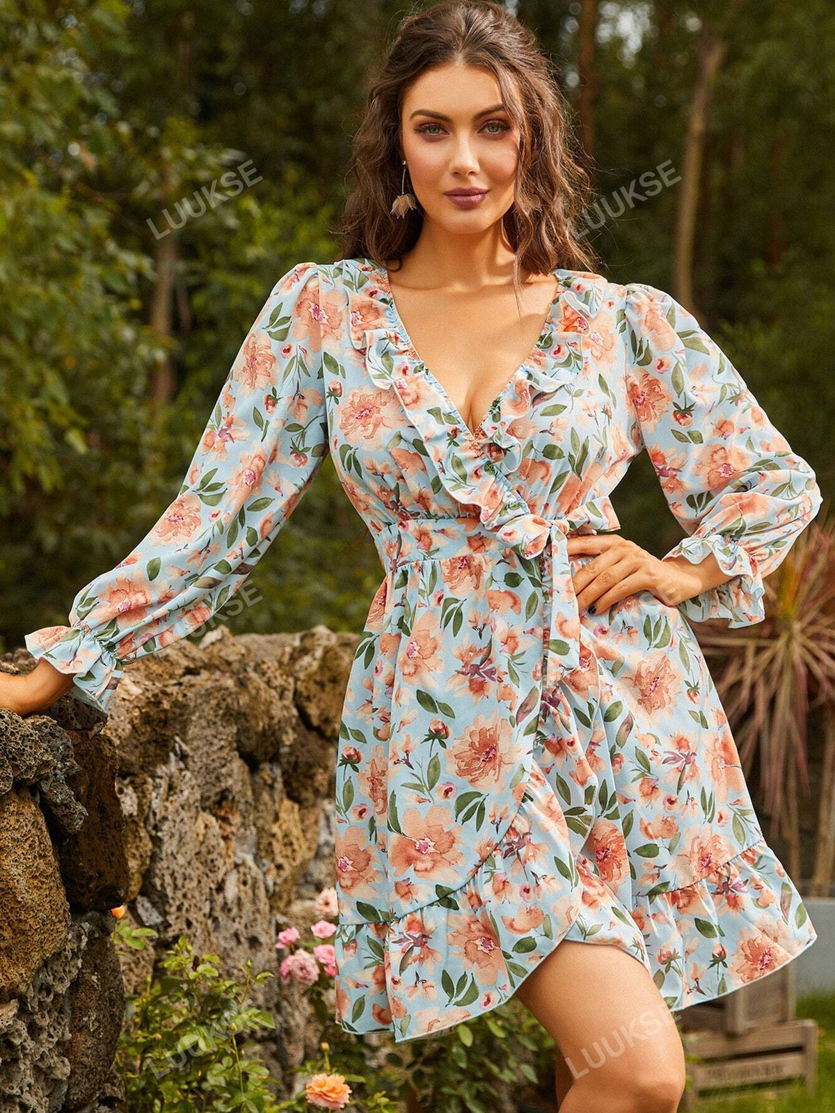 S BETRO Floral Print Ruffle Trim Flounce Sleeve Dress