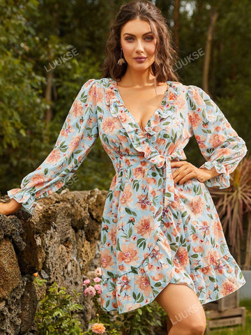 S BETRO Floral Print Ruffle Trim Flounce Sleeve Dress