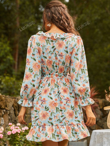 S BETRO Floral Print Ruffle Trim Flounce Sleeve Dress
