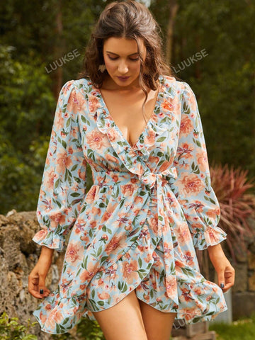 S BETRO Floral Print Ruffle Trim Flounce Sleeve Dress