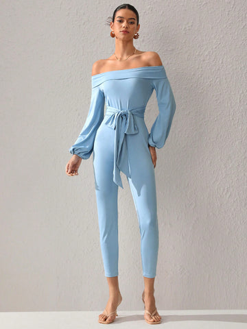 Women'S Solid Color Off Shoulder Waist Belted Slim Fit Jumpsuit