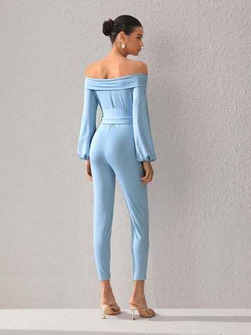Women'S Solid Color Off Shoulder Waist Belted Slim Fit Jumpsuit