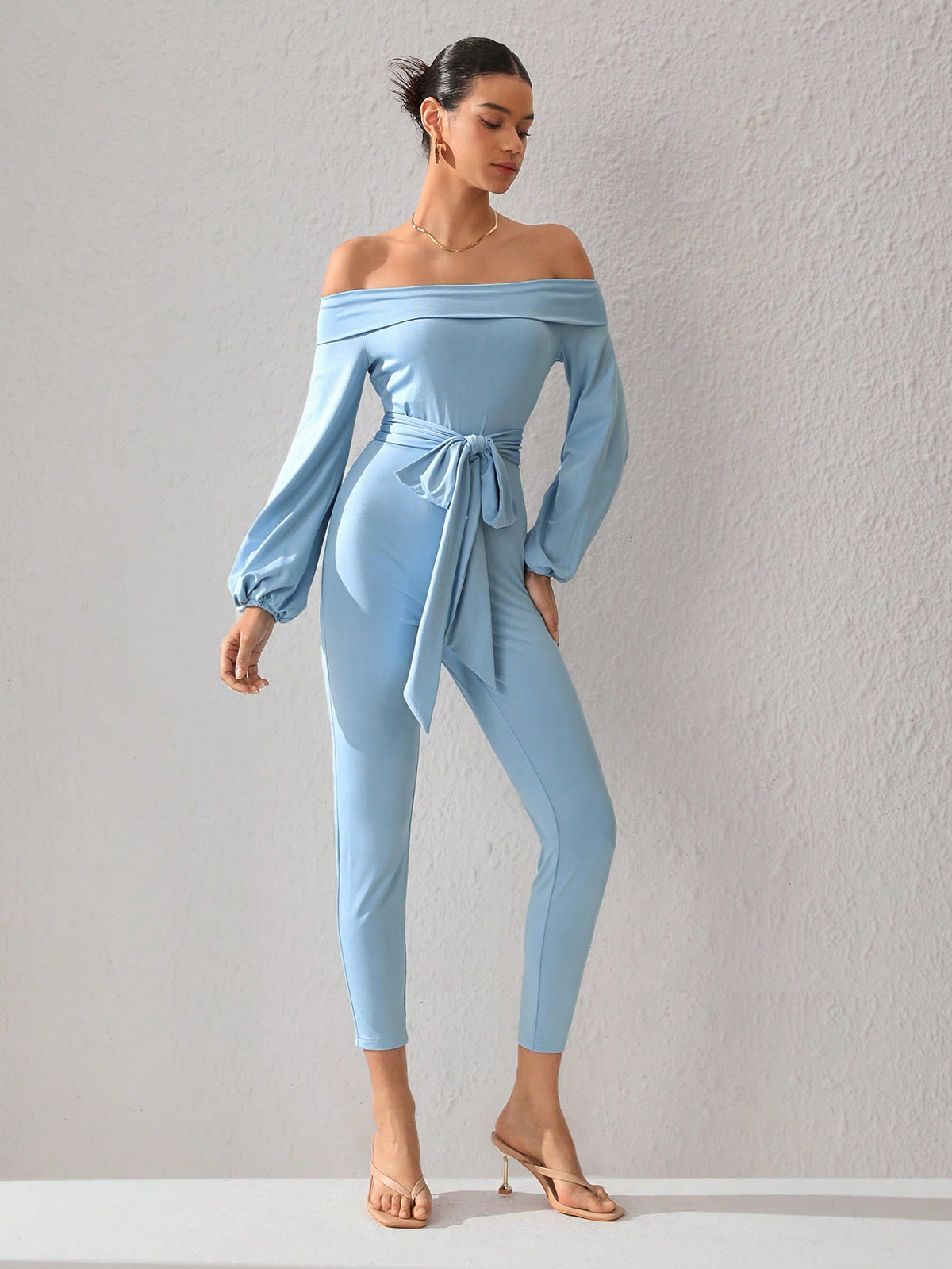 Women'S Solid Color Off Shoulder Waist Belted Slim Fit Jumpsuit