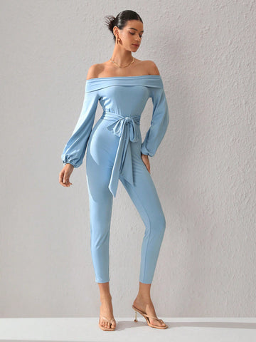 Women'S Solid Color Off Shoulder Waist Belted Slim Fit Jumpsuit