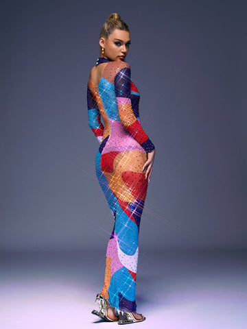 Saanvi Long Sleeve Multi Rhinestone Maxi Dress