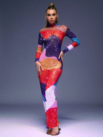 Saanvi Long Sleeve Multi Rhinestone Maxi Dress