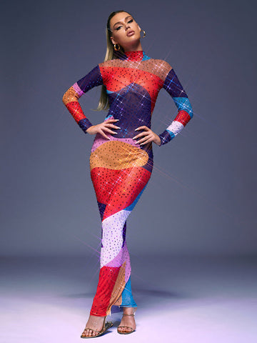 Saanvi Long Sleeve Multi Rhinestone Maxi Dress