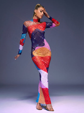 Saanvi Long Sleeve Multi Rhinestone Maxi Dress