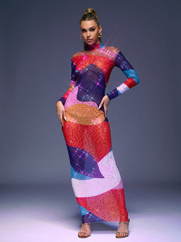 Saanvi Long Sleeve Multi Rhinestone Maxi Dress