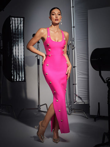 Sadie Button Embellished Bandage Dress In Hot Pink