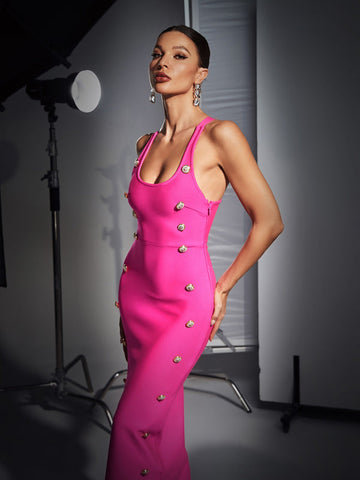 Sadie Button Embellished Bandage Dress In Hot Pink
