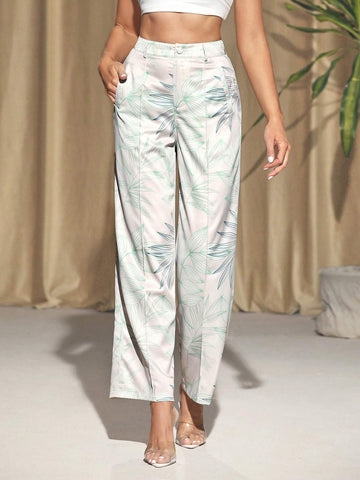 Sagredo Women's High Waist Plant Printed Wide Leg Pants
