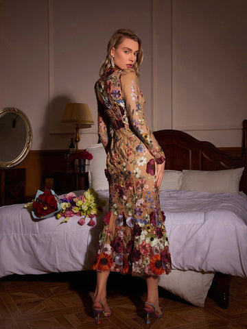 Saige Long Sleeve Mesh Flower Mermaid Dress In Blush