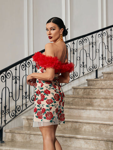 Saige Off Shoulder Floral Embroidered Mini Dress