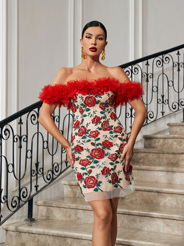 Saige Off Shoulder Floral Embroidered Mini Dress