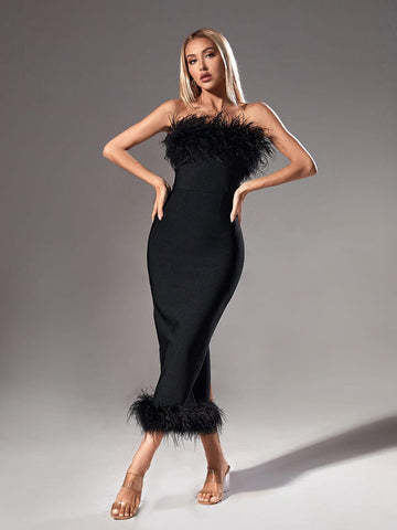 Salome Strapless Feather Trimmed Bandage Dress