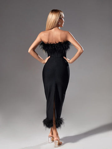 Salome Strapless Feather Trimmed Bandage Dress