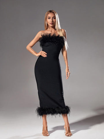 Salome Strapless Feather Trimmed Bandage Dress