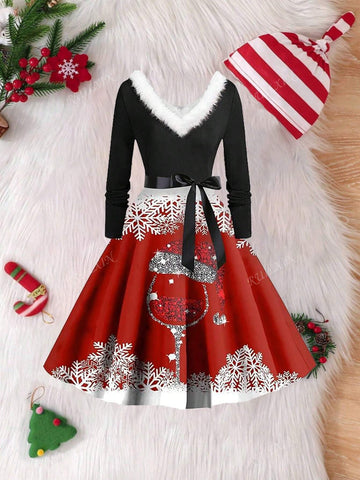 Santa Claus & Snowflake Print Long Sleeve A-Line Christmas Dress With Fur Collar