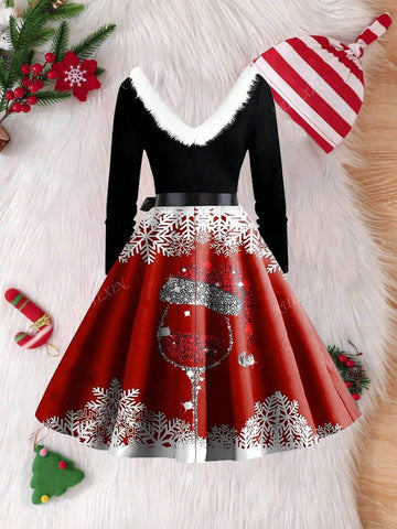 Santa Claus & Snowflake Print Long Sleeve A-Line Christmas Dress With Fur Collar