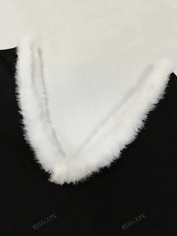 Santa Claus & Snowflake Print Long Sleeve A-Line Christmas Dress With Fur Collar