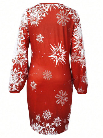 Santa Claus & Snowman Print V-Neck Long Sleeve Christmas Themed Dress