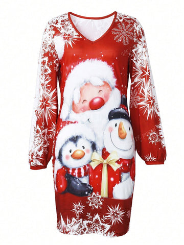 Santa Claus & Snowman Print V-Neck Long Sleeve Christmas Themed Dress
