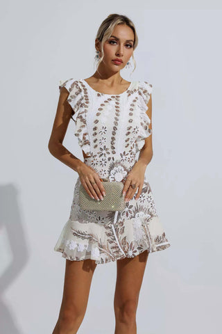 Sarai White Ruffle Floral Cutout Mini Dress