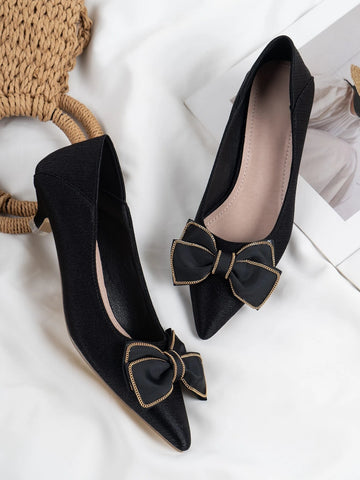 Satin Bow Decor Kitten Heeled Court Pumps