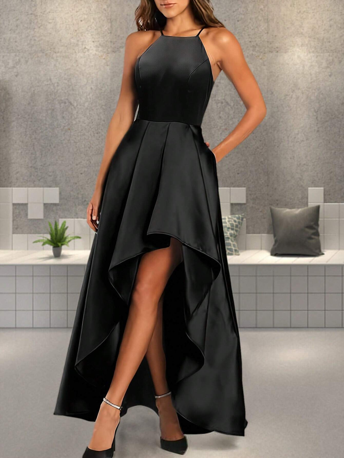 Satin Halter A-Line High Low Dress For Evening Party And Banquet