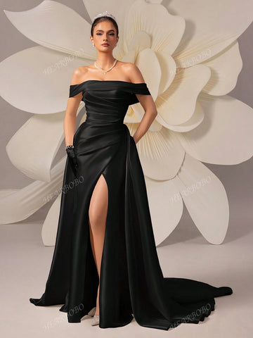 Satin Off-Shoulder Simple Wide-Hem Solid Color Wedding Dress