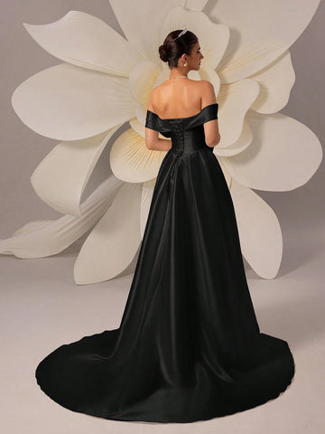 Satin Off-Shoulder Simple Wide-Hem Solid Color Wedding Dress