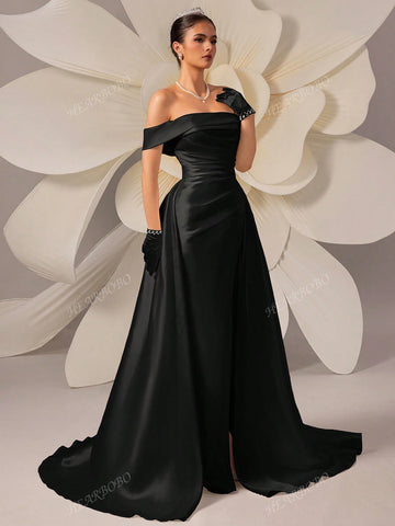 Satin Off-Shoulder Simple Wide-Hem Solid Color Wedding Dress