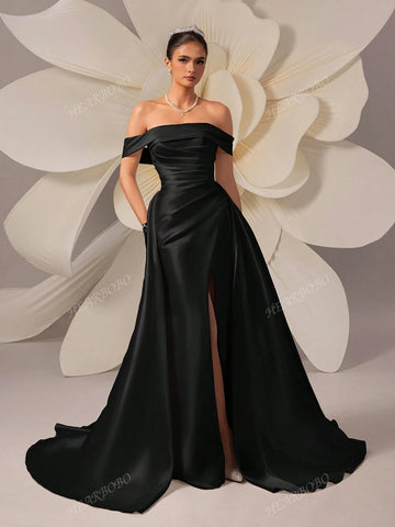 Satin Off-Shoulder Simple Wide-Hem Solid Color Wedding Dress