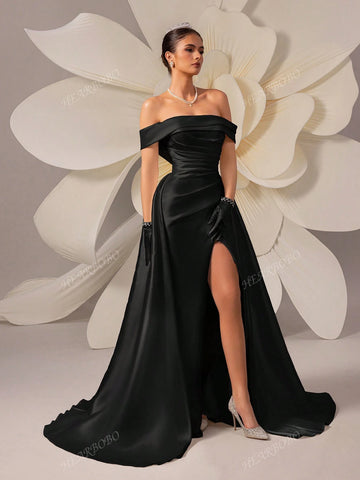 Satin Off-Shoulder Simple Wide-Hem Solid Color Wedding Dress