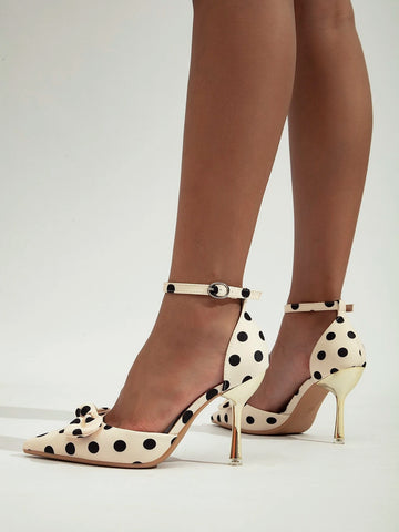 Satin Polka Dot Pattern Bow Decor Ankle Strap Pumps