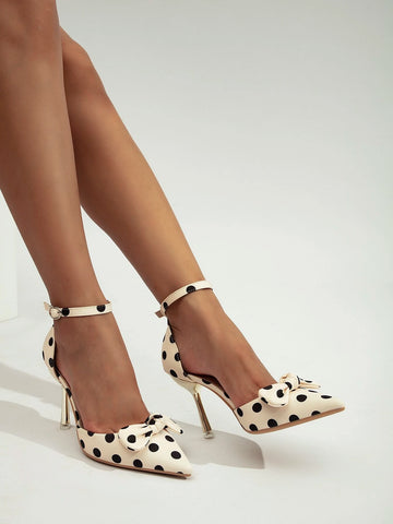 Satin Polka Dot Pattern Bow Decor Ankle Strap Pumps