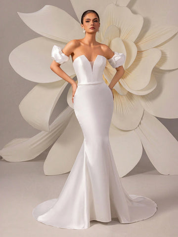 Satin Romantic Puff Sleeve Off-Shoulder Trail Evening Dress Wedding Gown