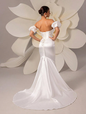 Satin Romantic Puff Sleeve Off-Shoulder Trail Evening Dress Wedding Gown