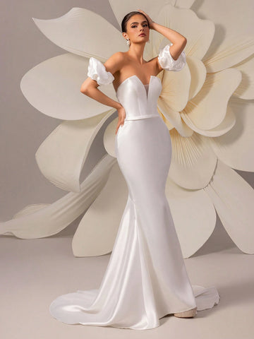 Satin Romantic Puff Sleeve Off-Shoulder Trail Evening Dress Wedding Gown
