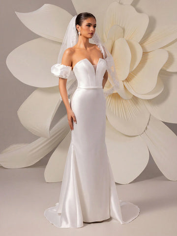 Satin Romantic Puff Sleeve Off-Shoulder Trail Evening Dress Wedding Gown