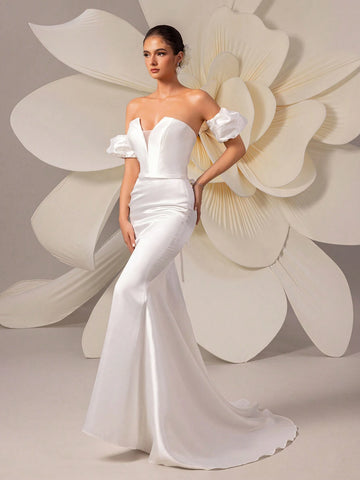 Satin Romantic Puff Sleeve Off-Shoulder Trail Evening Dress Wedding Gown