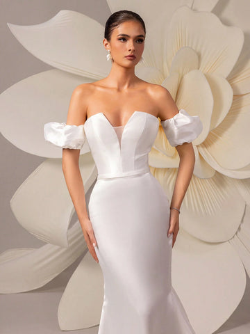 Satin Romantic Puff Sleeve Off-Shoulder Trail Evening Dress Wedding Gown