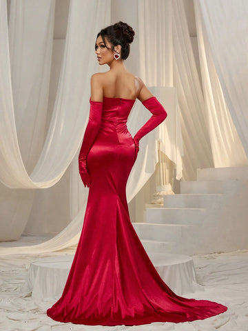 Satin Ruched Wrap Hem Tube Prom Dress (Gloves Included)