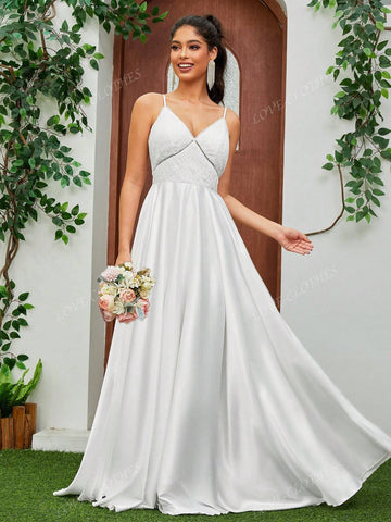 Satin Spaghetti Strap V-Neck Romantic Wedding Dress Floor-Length Lace Dress